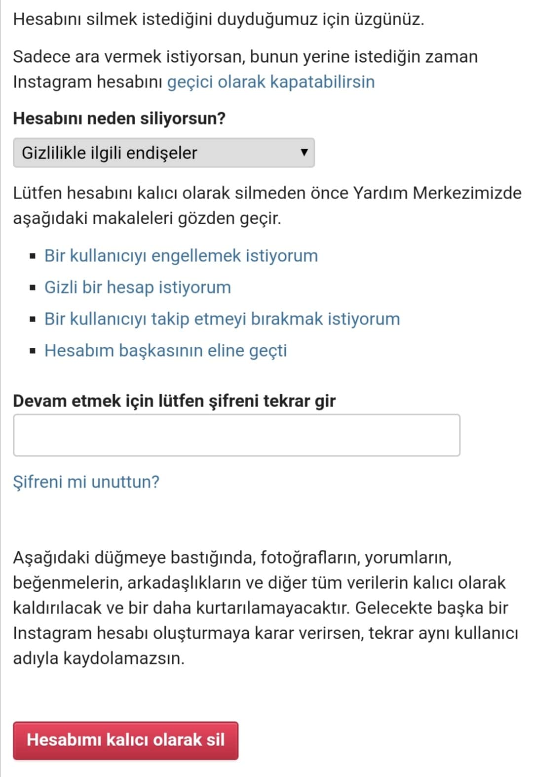 Instagram hesap kaldırma