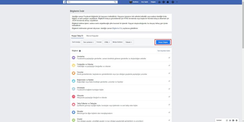 Facebook Verileri indirme