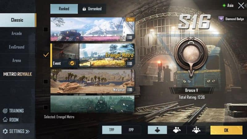 PUBG Mobile Erangel Metro seçim ekranı