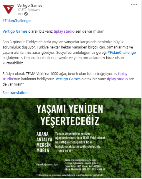 Vertigo Games, LinkedIn platformu üzerinden #FidanChallenge'ı başlattı.