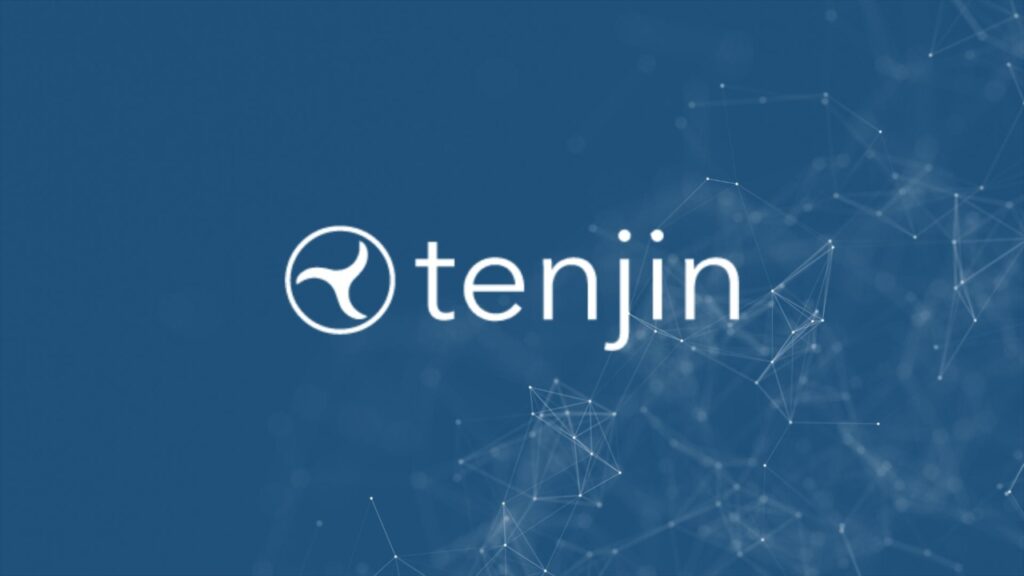 Tenjin logo in front of a dark blue background