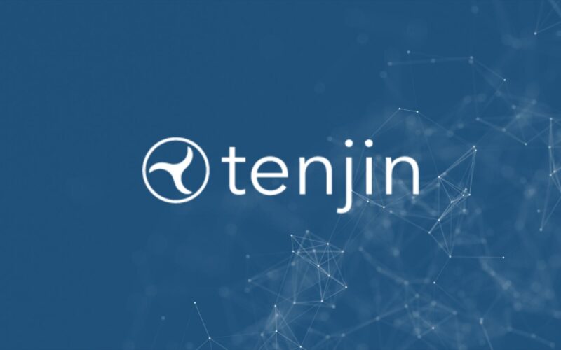 Tenjin logo in front of a dark blue background