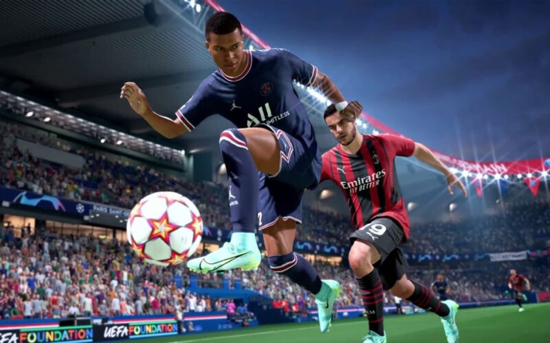 PSG striker Mbappe doing acrobatics with the ball in a FIFA game