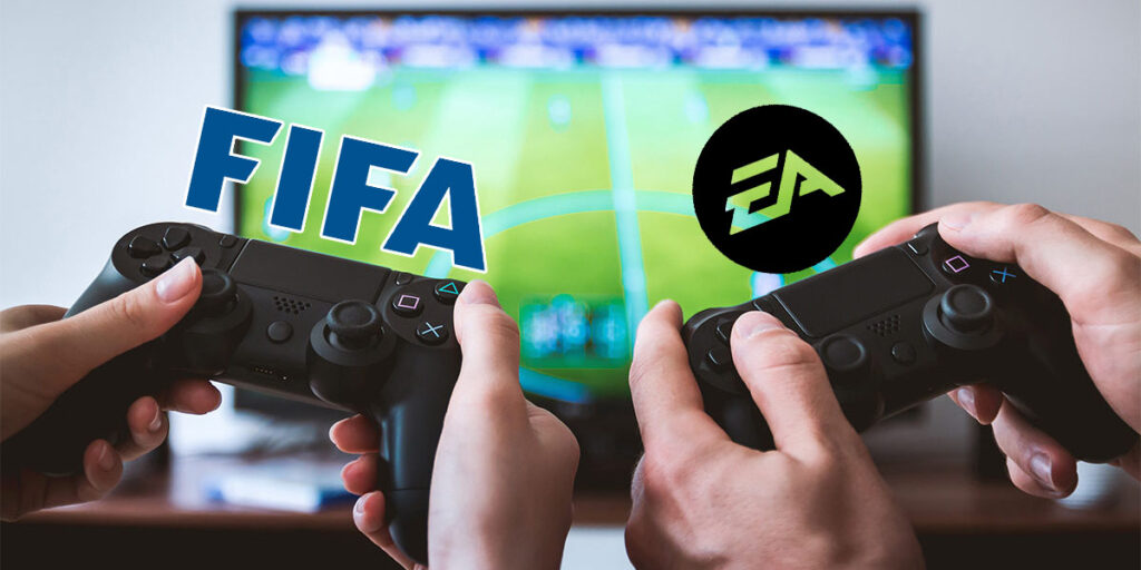 İki insan ellerinde oyun kolu tutuyorlar ve FIFA oyynuyorlar