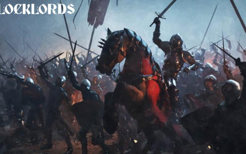 A black rider is about to gallop into the battlefield with an army behind them