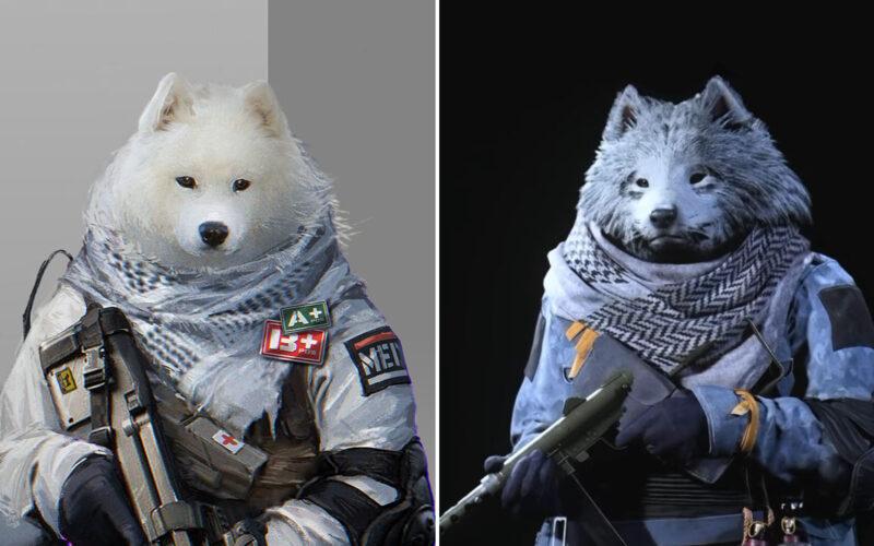 On the left, the artist Sailin's medic character, on the right CoD Warzone's new Fluffy Dog Skin