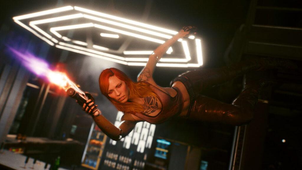 Cyberpunk 2077 female Vi shoots her gun