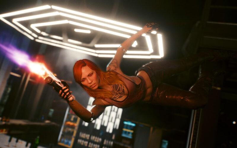 Cyberpunk 2077 female Vi shoots her gun