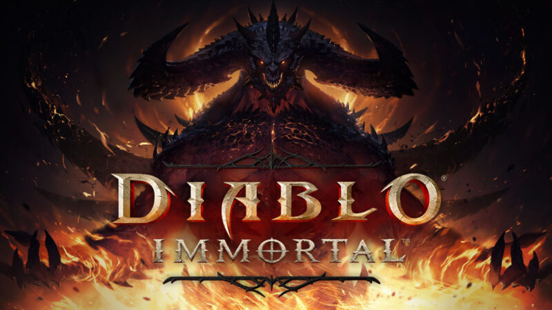 Diablo staring menacingly behind the Diablo Immortal logo