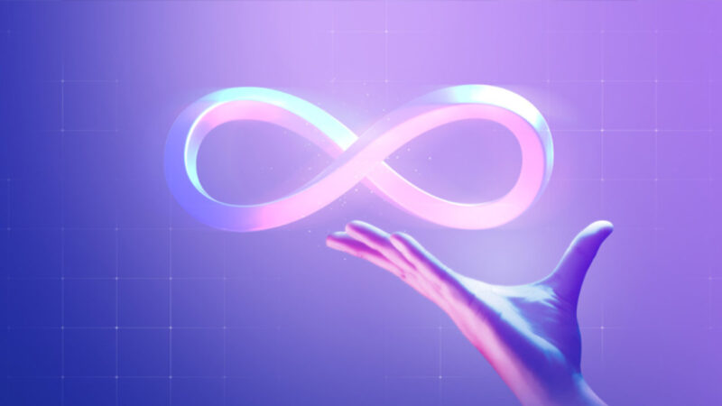 Meta's logo with a virtual hand holding it mid-air