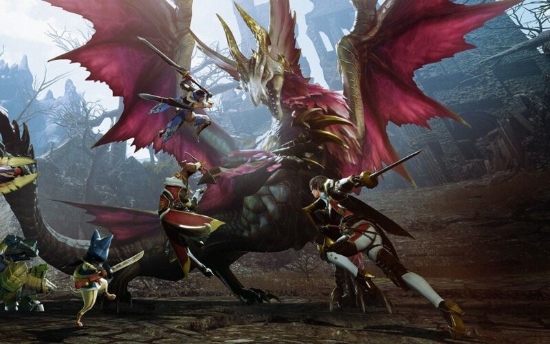Monster Hunter players fighting against a dragon-like creature