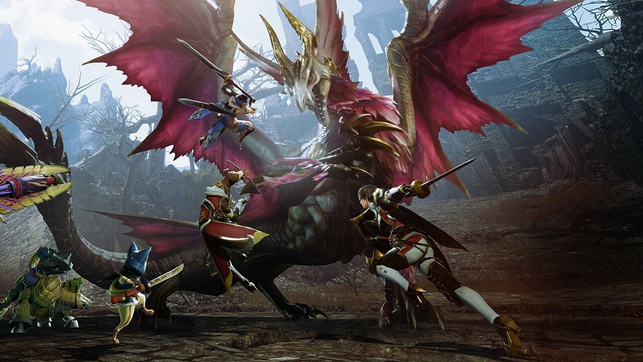 Monster Hunter players fighting against a dragon-like creature