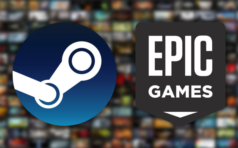 Steam and Epic Games logos with a digital game library showing behind them