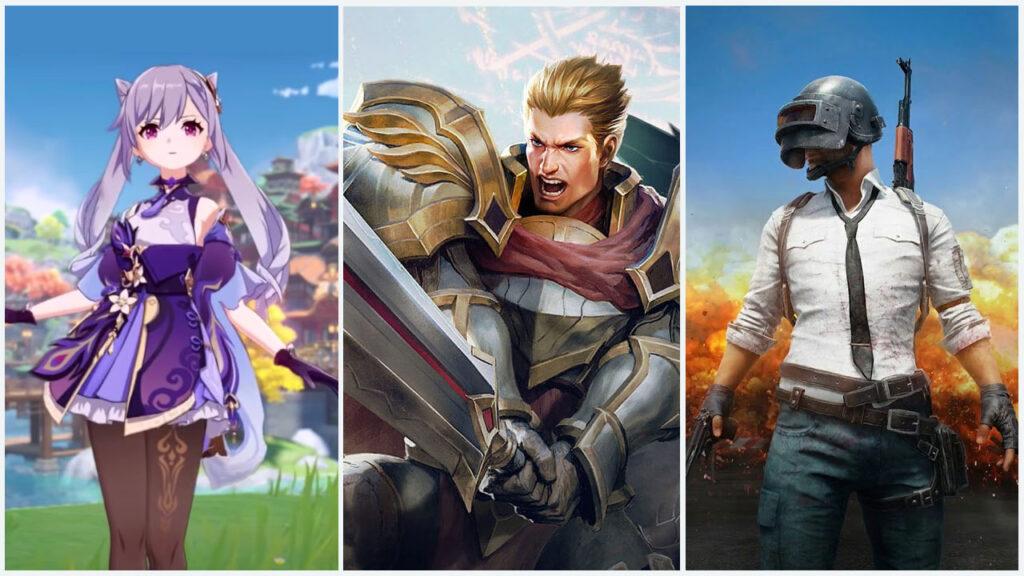 Genshin Impact, Honor of Kings and PUBG Mobile characters standing together