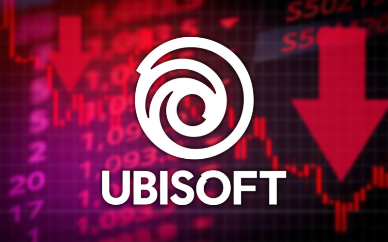 Arka planda hisse değerlerinin düştüğü Ubisoft logosu