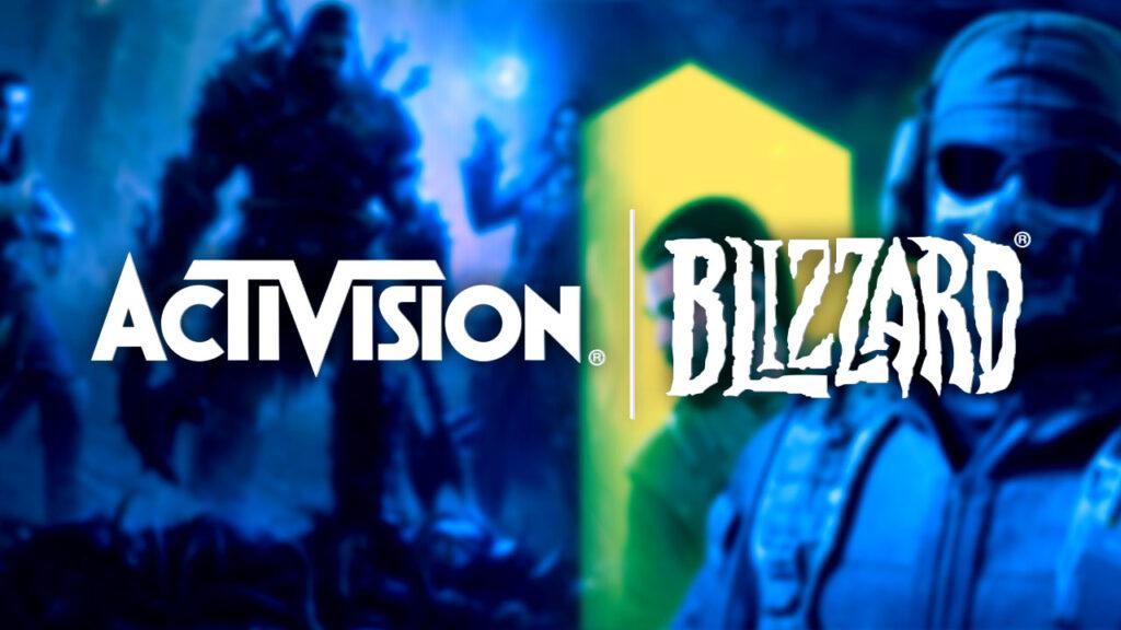 Activision Blizzard logo with two games blurry in the background