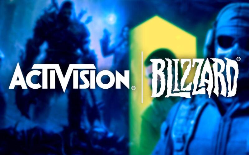 Arka planda bulanık iki oyun ile Activision Blizzard logosu