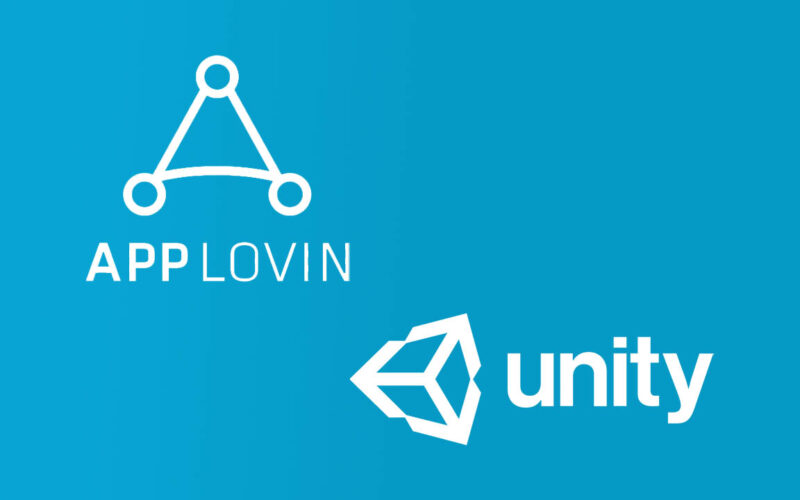Açık mavi arka planda AppLovin ve Unity logoları