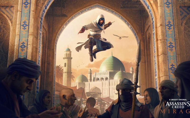 An "assassin" jumps above people with his hidden blade pulled out, ready to pounce on a target