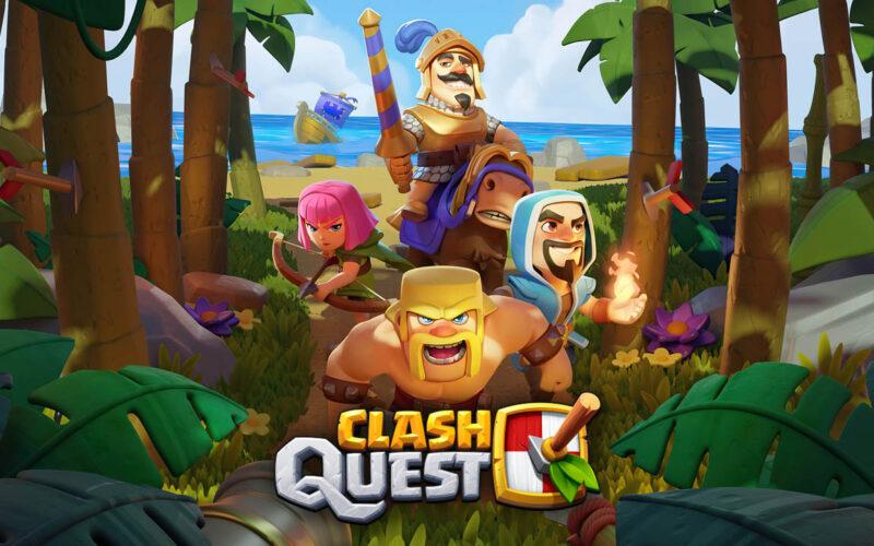 Tehlikeli bir ormanda yürüyen Clash Quest ana karakterleri