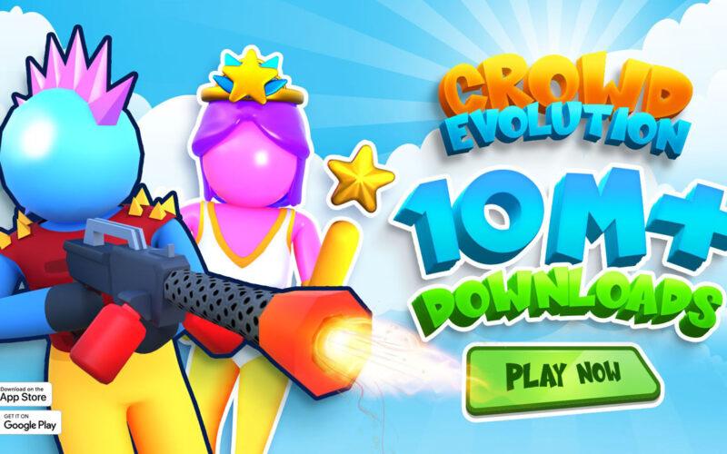Crowd Evolution character standing by a text that says 10 million downloads