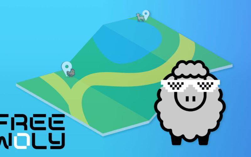 Açık mavi arka planda bir çiftlik ve piksellerden oluşan bir koyun