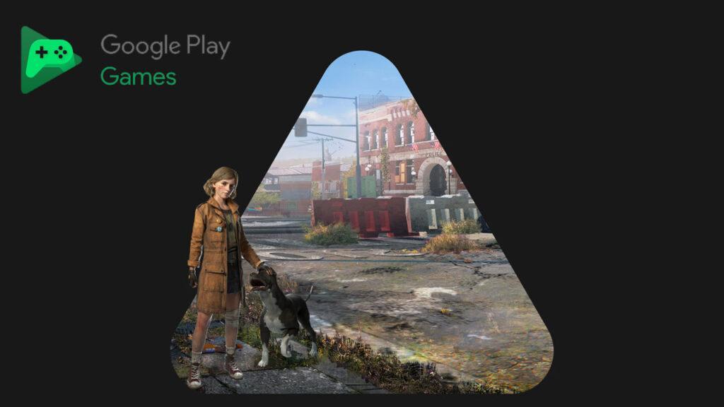 Google Play Games logo with a girl as the main heroe of a mobile game character standing by a triangle play button