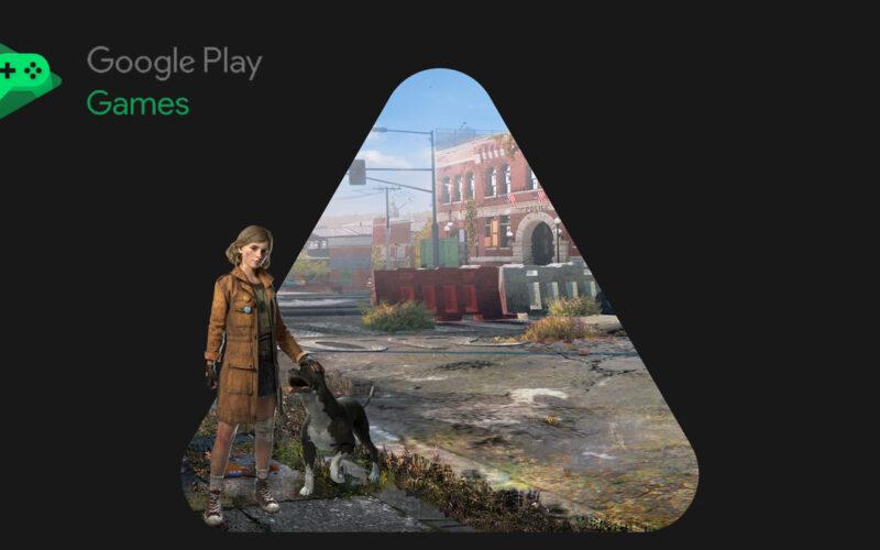 Google Play Games logo with a girl as the main heroe of a mobile game character standing by a triangle play button