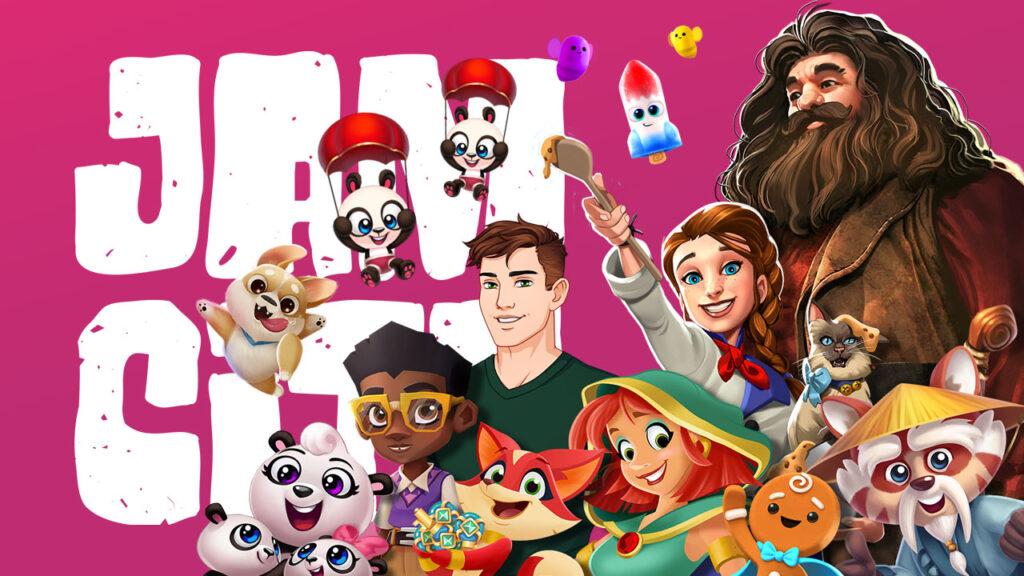 Jam City'nin oyunlarından karakterler ve arkada oyun şirketinin logosu