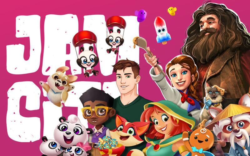 Jam City'nin oyunlarından karakterler ve arkada oyun şirketinin logosu