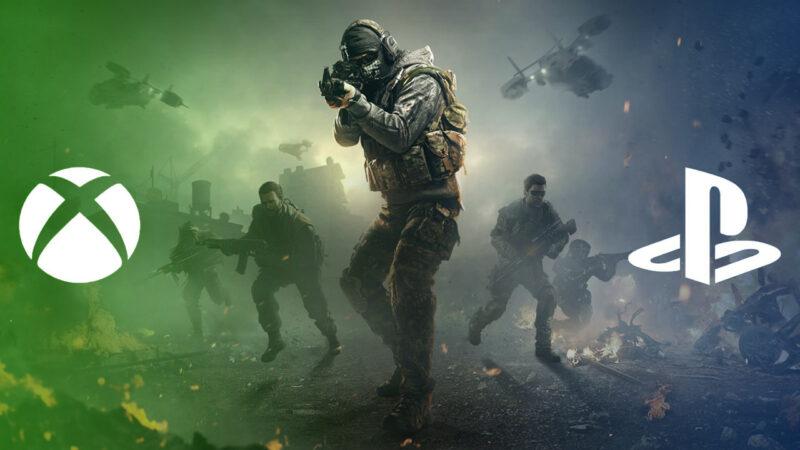 Elinde tüfekle yürüyen bir Call of Duty operatörü, solda Xbox logosu, sağda PlayStation logosu