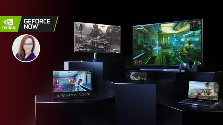 Bir televizyon, laptop, bilgisayar ve mobil aygıtlar üzerinde görüntülenen GeForce Now ve Candice'in fotoğrafı