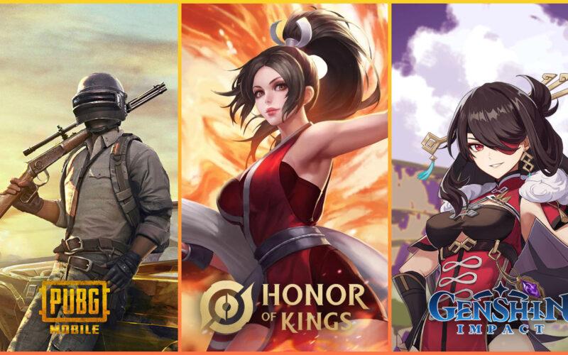 PUBG Mobile, Honor of Kings and Genshin Impact characters standing side by side