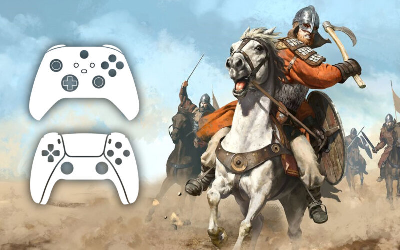 PS5 ve Xbox Series X kontrolörleri ve savaşa giden bir atlı