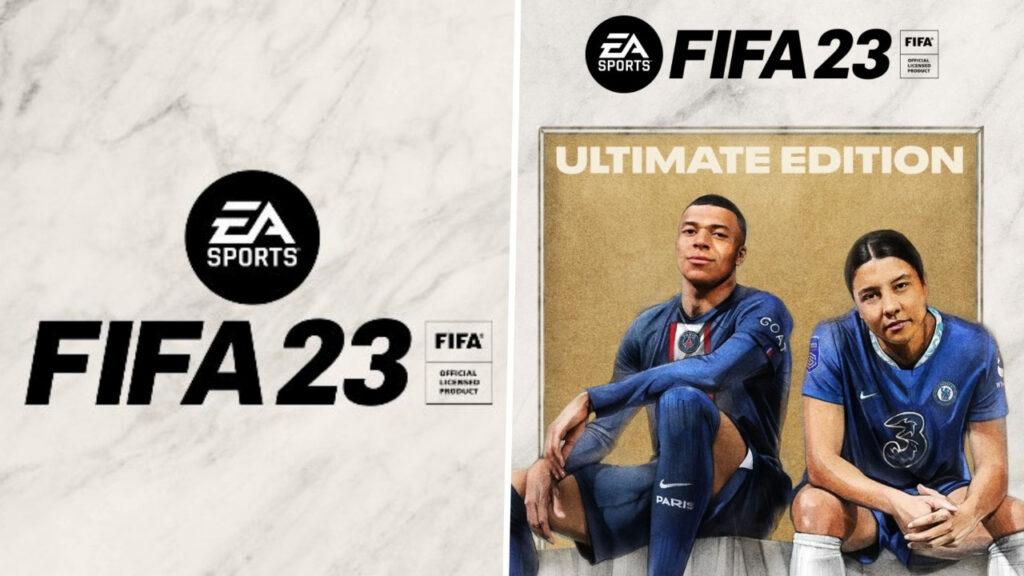 Kylian Mbappe and Sam Kerr posing next to the FIFA 23 logo