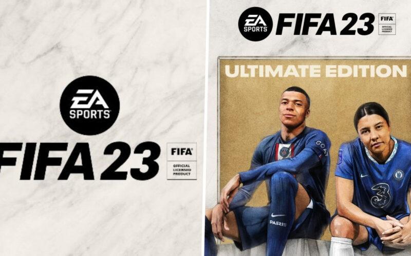 Kylian Mbappe ve Sam Kerr FIFA 23 logosunun yanında poz veriyor