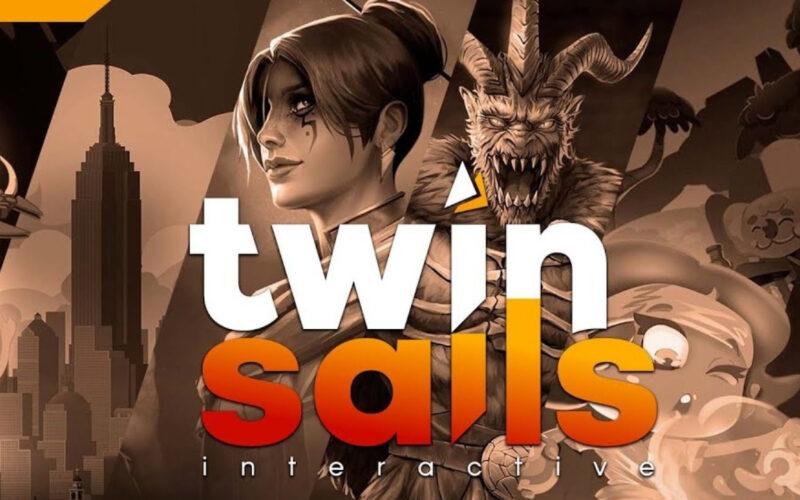 Twin Sails Interactive oyun karakterleri ve önlerinde Twin Sails logosu