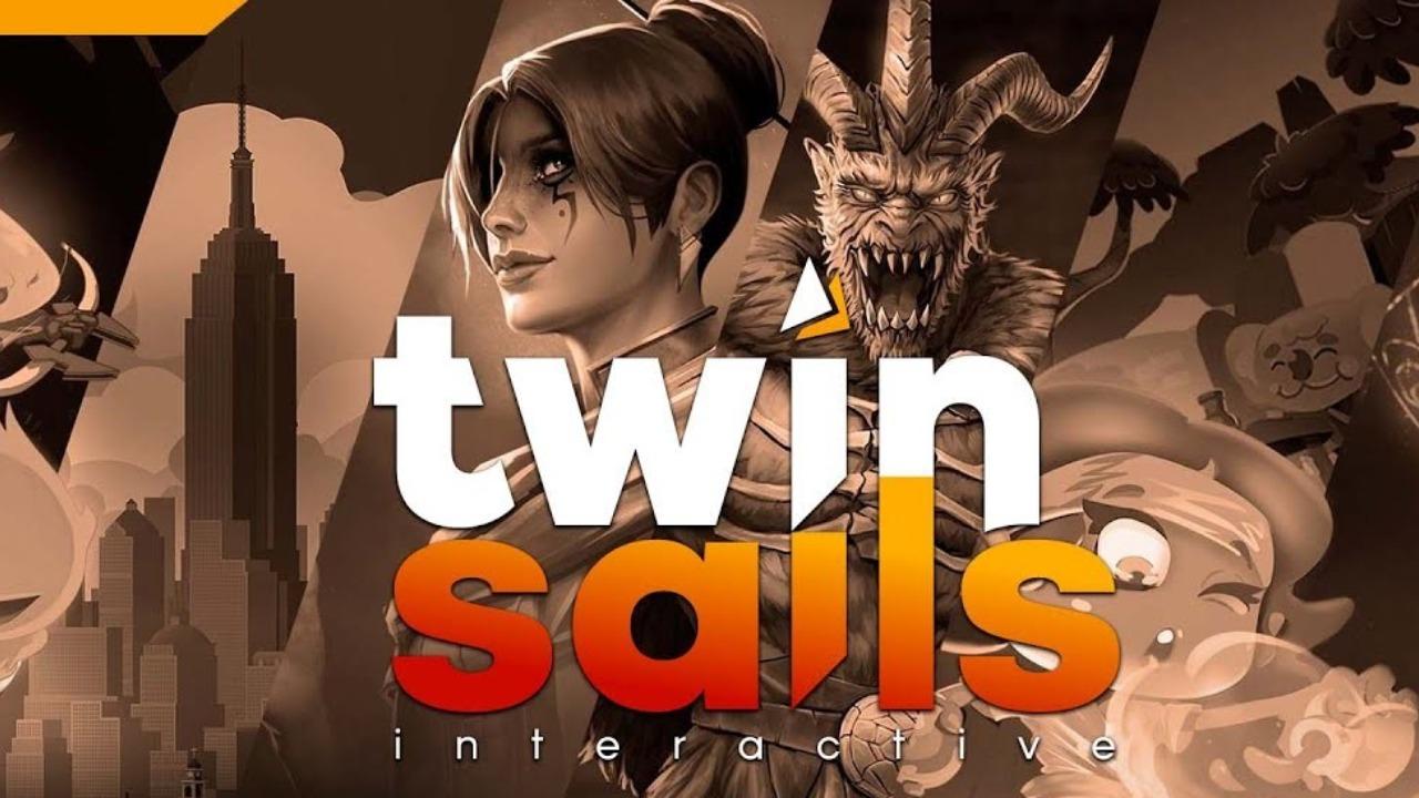 Twin Sails Interactive oyun karakterleri ve önlerinde Twin Sails logosu