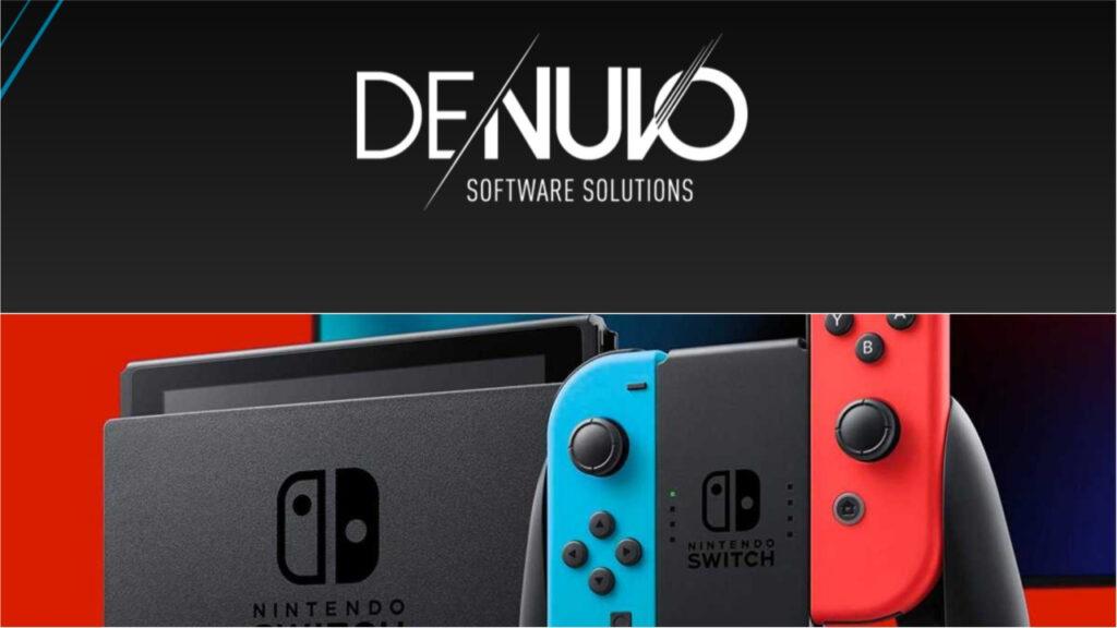 Denuvo logo ve sloganının altında bir Nintendo Switch konsolu