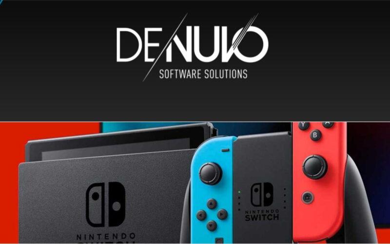 Denuvo logo ve sloganının altında bir Nintendo Switch konsolu