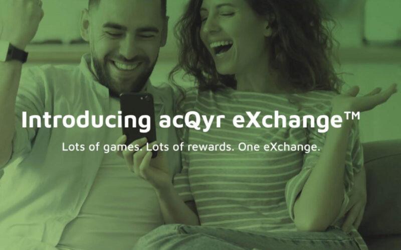 A man and a woman laughing in the background of a promotion text for Acqyr Exchange