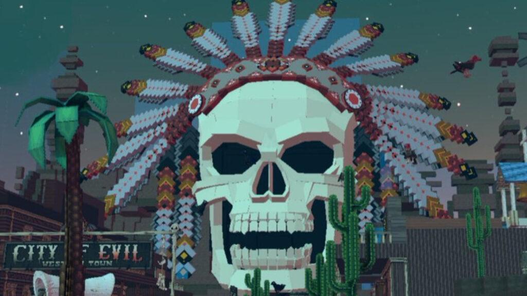 Sandbox oyununda üstünde kuş tüyleri olan bir kafatası