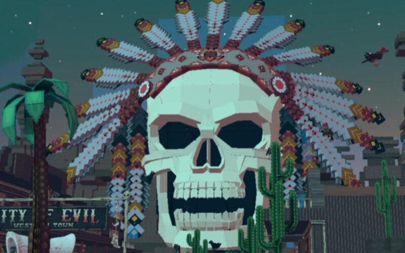 Sandbox oyununda üstünde kuş tüyleri olan bir kafatası