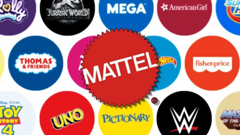 Mattel logosu ve etrafında Mattel ürünlerinin logoları