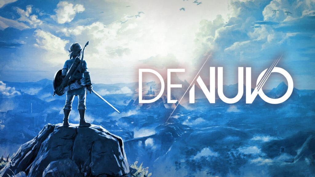 Legend of Zelda's Link posing toward sunset with Denuvo logo by his side