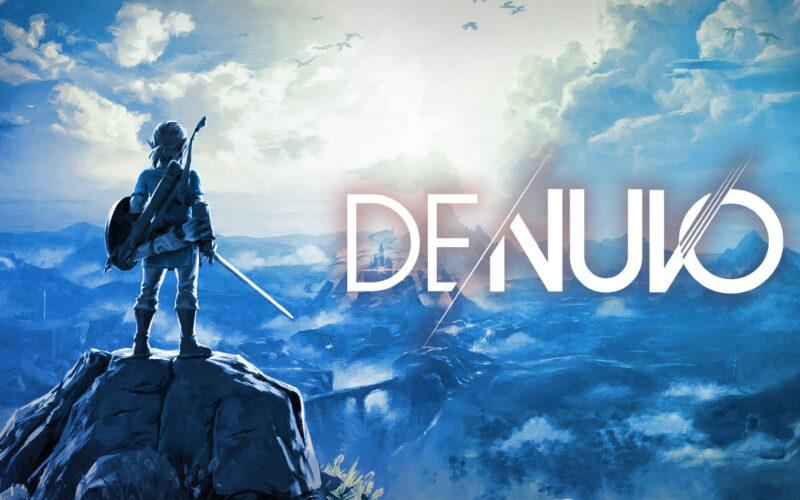 Legend of Zelda's Link posing toward sunset with Denuvo logo by his side
