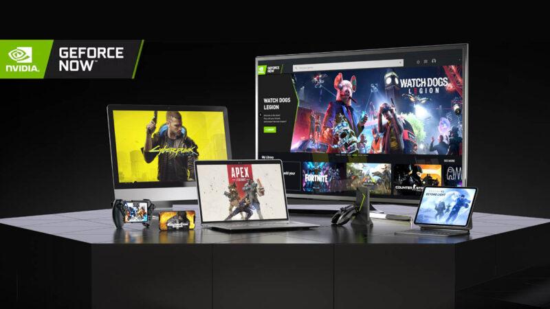 A monitor, laptop, tablet and mobile phone all showing GeForce Now