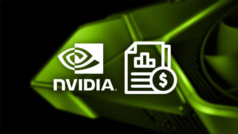 Yeşil renkte bulanık bir Nvidia GPU, Nvidia logosu ve bir finansal rapor çizimi