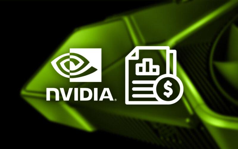 Yeşil renkte bulanık bir Nvidia GPU, Nvidia logosu ve bir finansal rapor çizimi