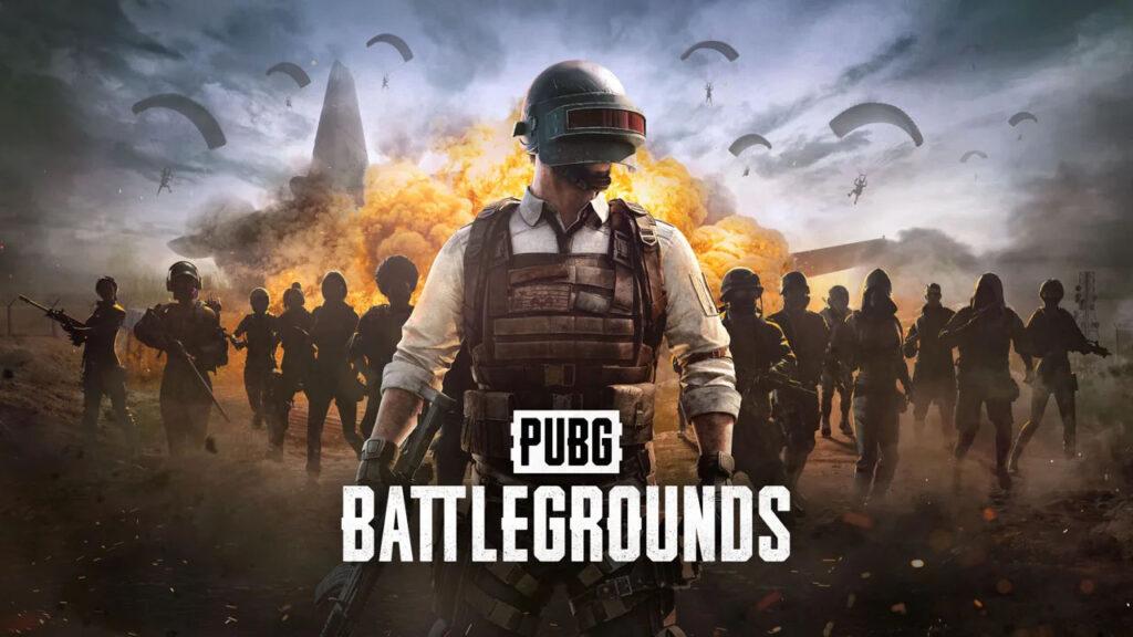 PUBG Battlegrounds nearly a dozen fighters pose with an explosion behind